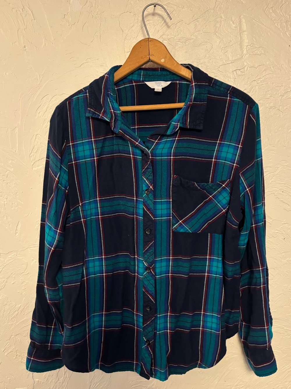 Time and Tru Navy Plaid Teal Button-Up Size L